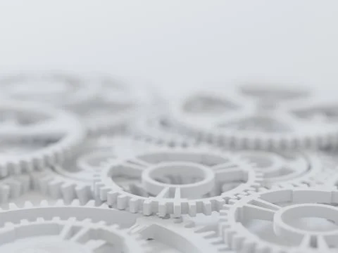 Precision engineering, concept background. Shiny steel gears on light surface Stock Illustration