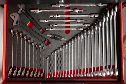Precision hand tools arranged in organized workshop drawer Stock Photos