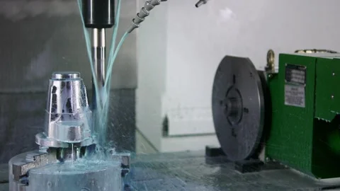 Precision lathe operations on a CNC mill. Seamless Loop. Fluid cools machined Stock Footage 158613072
