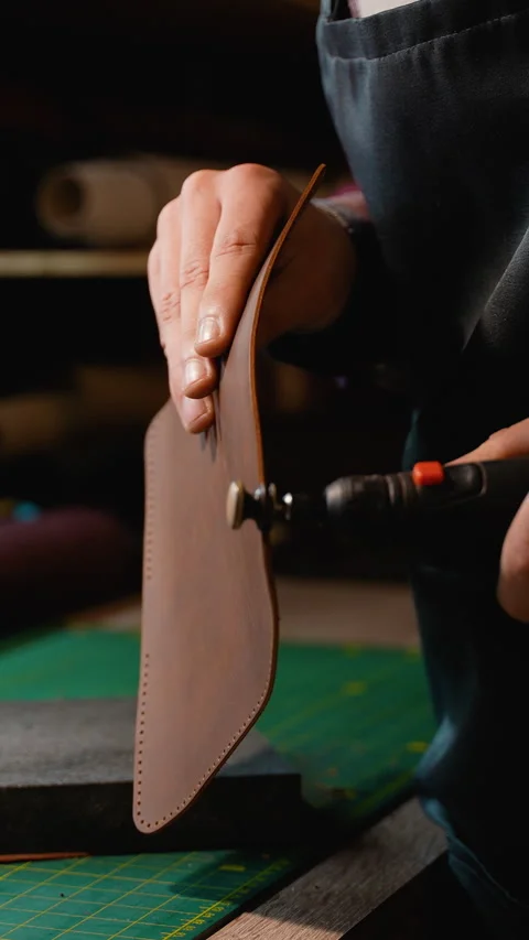 Precision Leather Polishing with Rotary Tool Stock Footage 296239349