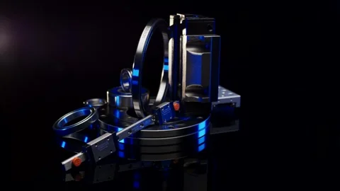 Precision Machine Components on Dark Studio Background, Blue Light, Close Up Stock Footage 341511993