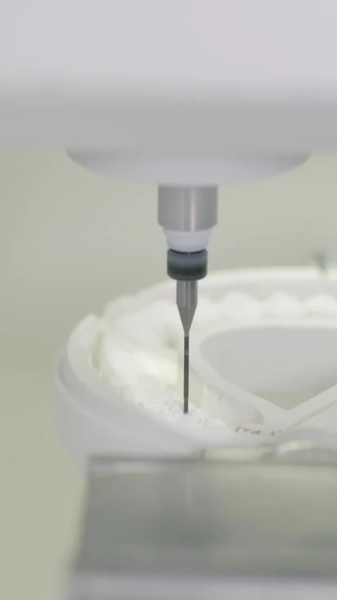 Precision machine works on white ceramic material of dental zirconia laboratory Stock-Footage 328999743