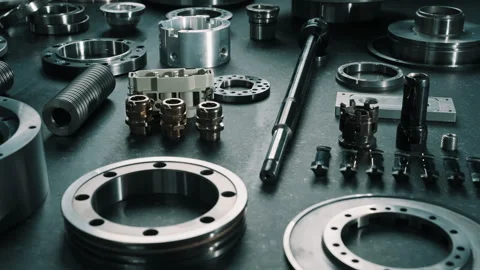 Precision machined metal components and industrial hardware arranged on a dark Stock Footage 335861233