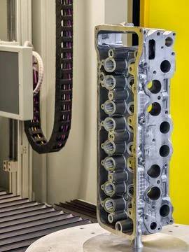 Precision machining of an engine block component in a manufacturing facility 스톡 사진