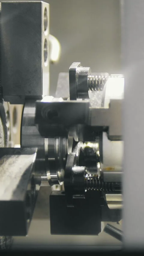 Precision machining process showing metal part being shaped by cutting tools in Stock Footage 336246823