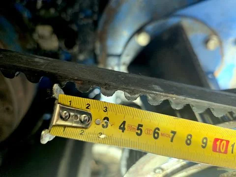 Precision Measurement of Belt Step Using MIOL Tape Measure in Workshop Stock Photos