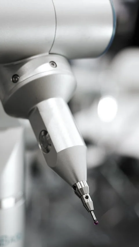 Precision measuring probe inspecting metal part in industrial quality control. 스톡 동영상 347775693