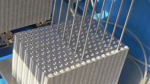 Precision Metal Pins Punch Through Steel in a Rhythmic Dance Stock Footage 340486417