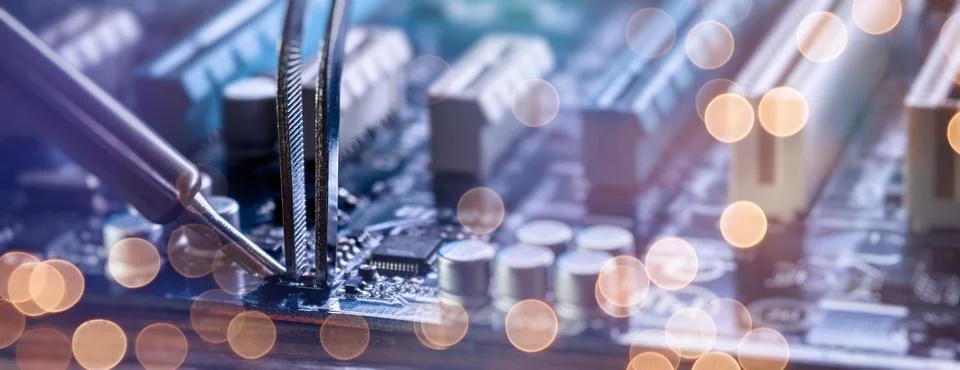 Precision microchip assembly and PC maintenance. Futuristic technology websit Stock Photos