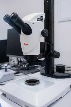 Precision microscope Leica analyzing biological samples in modern laboratory Stock Photos