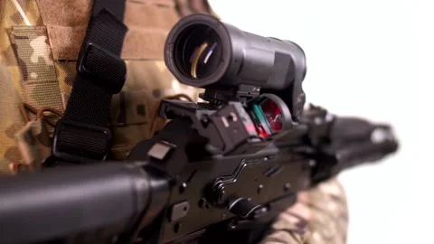 Precision optical and collimator sighting system with magnification on the rifle Stock Footage 158017431