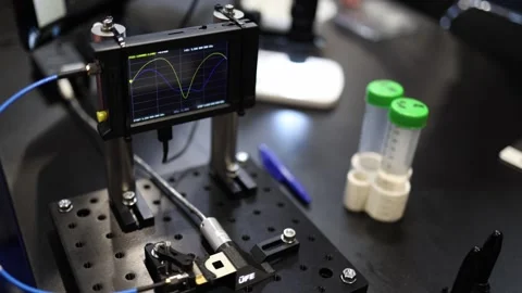 Precision optical measurement device mounted on perforated baseplate with live w Video stock 311130810