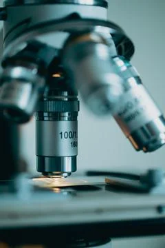 Precision optical microscope lens close-up Stock Photos