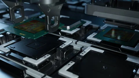 Precision Semiconductor Assembly in Automated Manufacturing Stock Footage 302807593