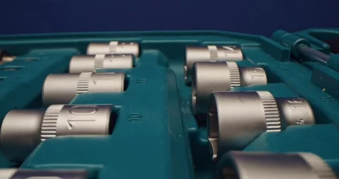 Precision Tool Set Featuring Multiple Sockets, All Conveniently Stored in a Case Stock Footage 297953248
