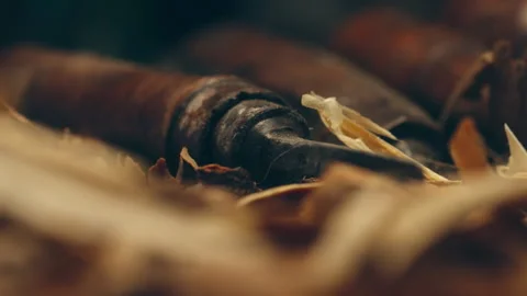 Precision Wood Carving Macro: Small Chisel Detail, 4K Artisan at Work Stock Footage 328320505