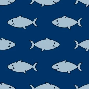 Predatory fish, Doodle style. Seamless background with hand-drawn animals, un Stock Illustration