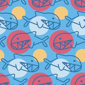 Predatory fish with shark teeth, blue yellow pink color, seamless pattern for Illustrazione stock