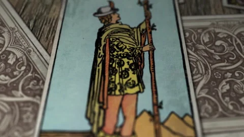 Predicting the future with tarot cards. Close-up of the Page of Wands. Occultism Stock Footage 268262567