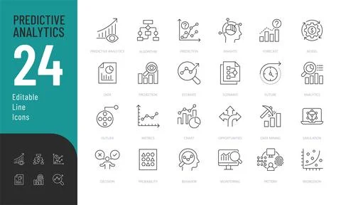 Predictive Analytics Line Editable Icons set. Illustrazione stock