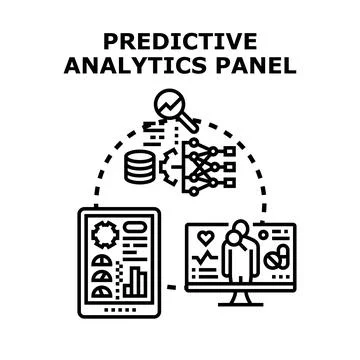 Predictive analytics panel graphic illustrating data collection, machine lear Stock Illustration
