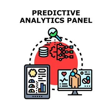 Predictive analytics panel illustrating data processing predicting future o.. Stock Illustration