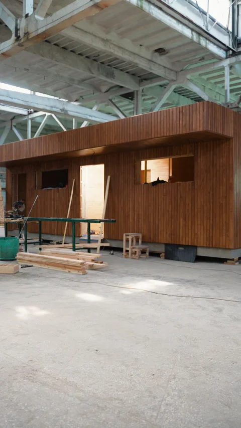 Prefabricated mobile modular container house in factory. Vertical video Stock Footage 277784123