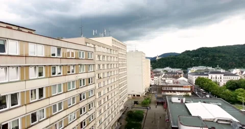 Prefabricated tower block housing panelak apartment buildings  drone aerial 4K Stock Footage 162731309