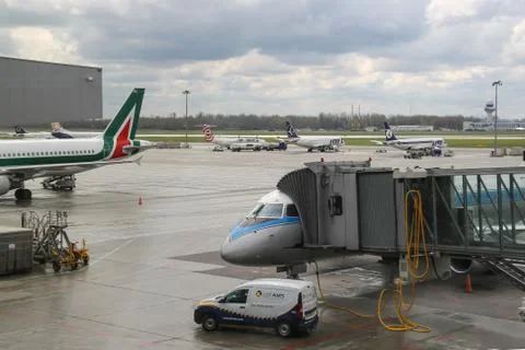 Preflight service of the planes in Warsaw Chopin Airport, Poland Stock Photos