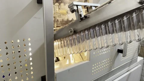 Preforms on the transporter line entering heating zone Stock Footage 265786123