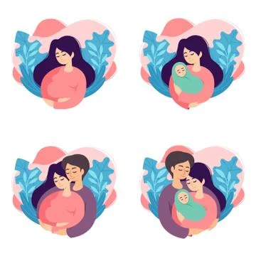 Pregnancy and parenthood concept vector illustrations. Set of scenes with pre Stock Illustration