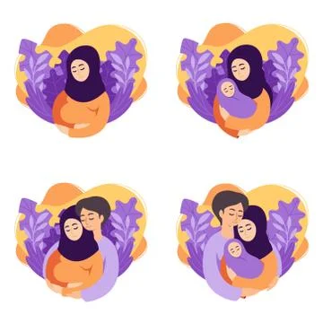 Pregnancy and parenthood concept vector illustrations. Set of scenes muslim p Stock Illustration
