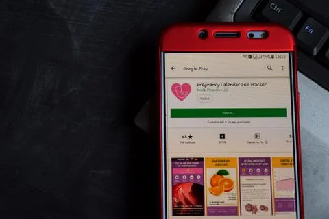 Pregnancy Calendar and Tracker dev app on Smartphone screen. 스톡 사진