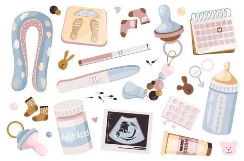 Pregnancy items set graphic elements in flat design. Bundle of pillow, scal.. Stock Illustration