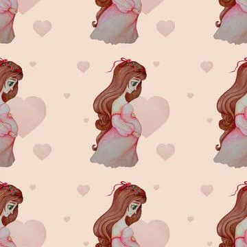 Pregnancy. Seamless patterns. Cute expectant mother with a wreath of flowers  Stock Illustration