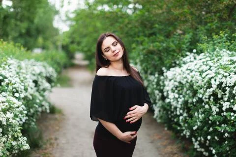 Pregnant girl near spiraea bush Stock Photos