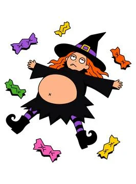 Pregnant Witch Lying Down Surrounded by Candy Stock Illustration
