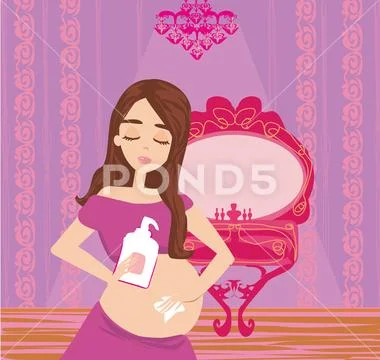 Pregnant woman lubricates the stomach remedy against stretch marks Stock Illustration