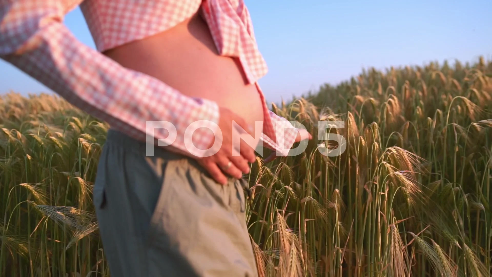 Pregnant Woman with naked belly walking in a Field