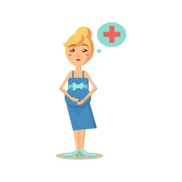 Pregnant Woman Thinking of Medicine. Vector Illustration Illustrazione stock