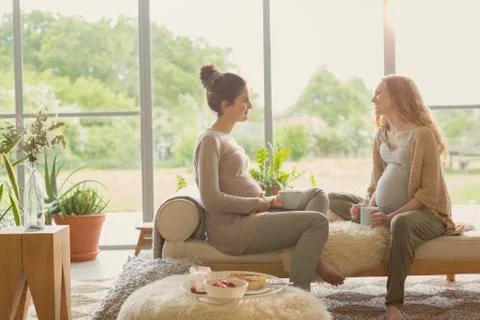 Pregnant women drinking tea and talking in living room Stock Photos