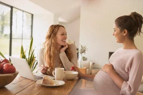 Pregnant women eating cake and fruit at laptop in dining room Stock Photos