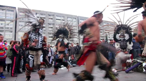 Prehispanic dancers doing a performance in Tlatelolco square. Stock Footage 53054905
