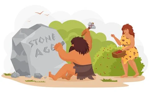 Prehistoric ancient primitive cave man and woman, prehistoric carving writing on Stock Illustration