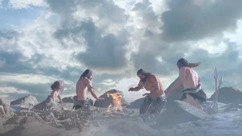 Prehistoric cavemen by the campfire 3d render Stock Footage 281588495