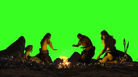 Prehistoric cavemen by the campfire 3d render  on green background Video stock 281588640