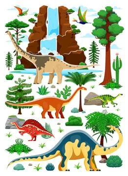 Prehistoric dinosaurs in a lush vector landscape Stock Illustration