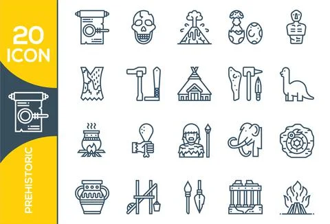 Prehistoric Elements , Thin Line and Pixel Perfect Icons. Prehistoric Period  스톡 일러스트