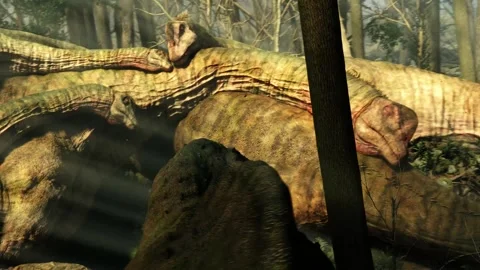 Prehistoric Era featuring extinct Dinosaurs Mamenchisaurus and T rex Video stock 245347241