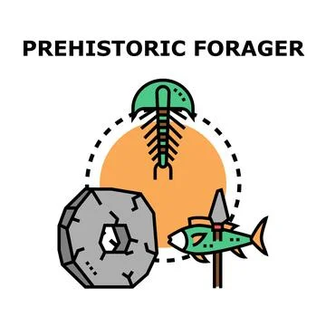 Prehistoric forager concept with ancient tools and fossil Stock Illustration